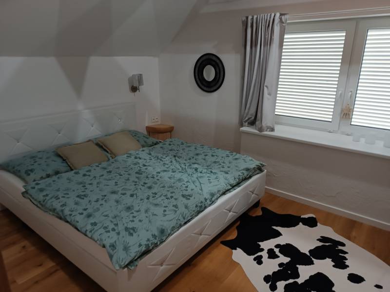 Rekreačná chata Nová Baňa - Drozdovo - Spálňa s posteľou a koberec v chate, drevená podlaha, príjemné osvetlenie miestnosti.