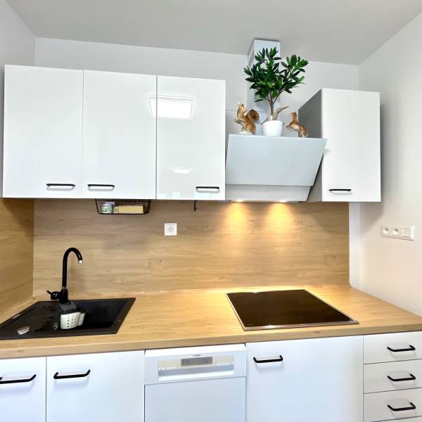 Súčasný 2-izbový byt v novostavbe – Matadorka  - Kuchynská linka s bielymi skrinkami, čiernym drezom a podlaha s dreveným dekorom.