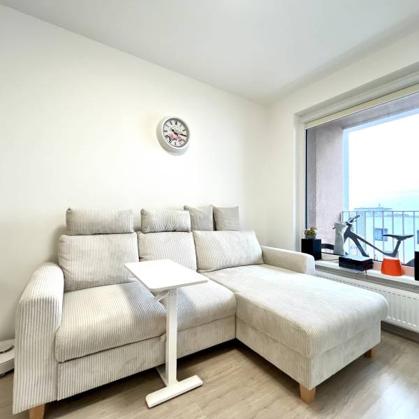 Súčasný 2-izbový byt v novostavbe – Matadorka  - Dvojgarsónka s pohodlnou sedačkou, hodinami na stene a podlahou s dreveným dekorom.