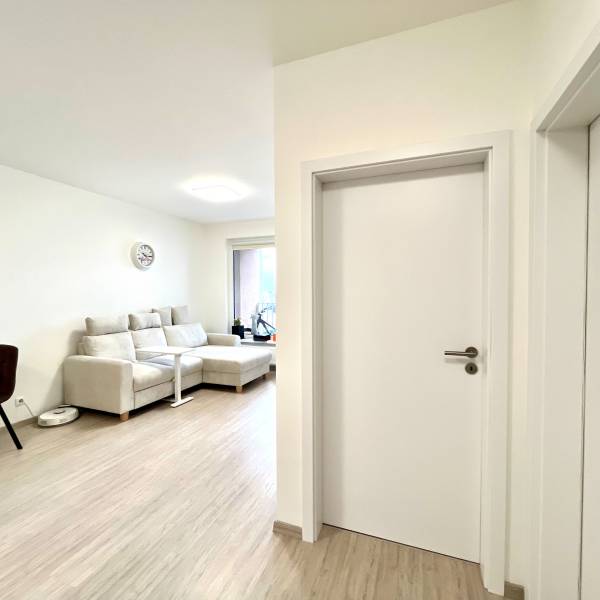 Súčasný 2-izbový byt v novostavbe – Matadorka  - Svetlá obývačka s podlahou s dreveným dekorom a béžovou sedačkou v dvojgarsónke.