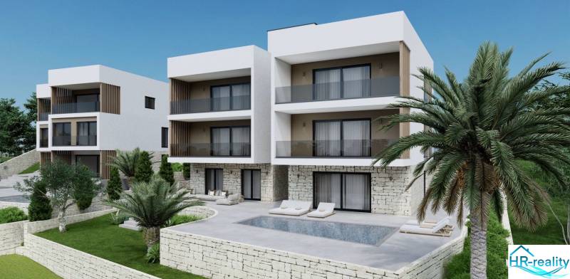 ☀Ciovo/Trogir(HR)-moderné byty v novostavbe s výhľadom na more☀ - Rekreačný apartmán v Ciove s palmami, bazénom a kamennou terasou.