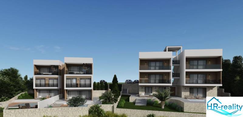☀Ciovo/Trogir(HR)-moderné byty v novostavbe s výhľadom na more☀ - Rekreačné apartmány v meste Ciovo so súčasnou architektúrou, obklopené zeleňou a kamennými múrmi.