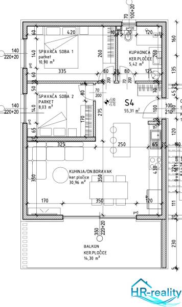 ☀Ciovo/Trogir(HR)-moderné byty v novostavbe s výhľadom na more☀ - Pôdorys rekreačného apartmánu s dvoma spálňami, kúpeľňou a balkónom.