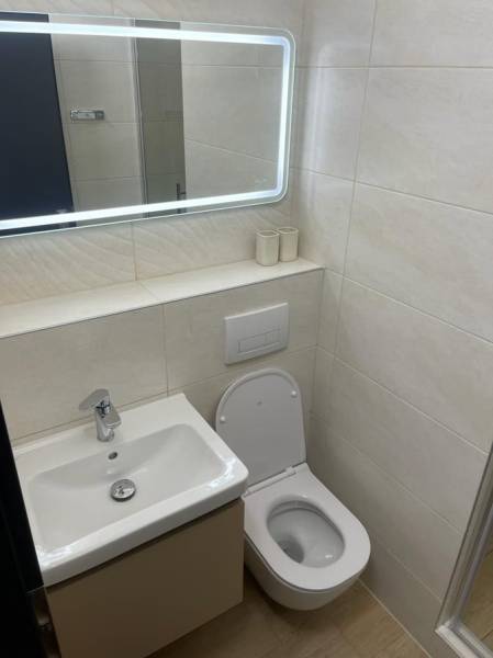 REZERVOVANÉ! Nadštandardný 1-izbový byt, ul. 1. mája, Vráble - Kúpeľňa v 1-izbovom byte s umývadlom, zrkadlom a WC. Podlaha s dreveným dekorom.