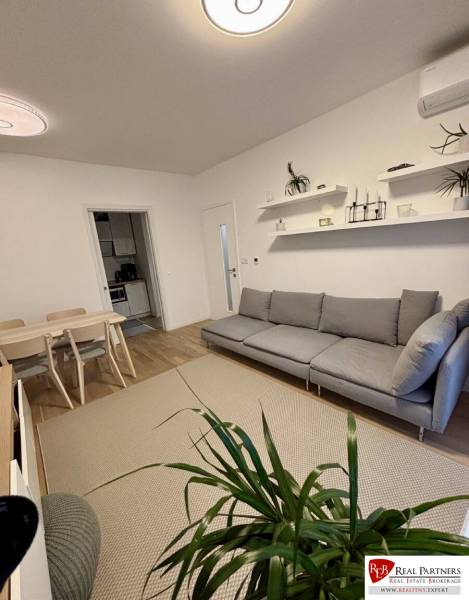 Prenájom 2-izbového bytu CUBICON  - Obývačka v 2-izbovom byte s pohodlnou sedačkou a podlahou s dreveným dekorom.