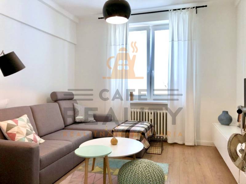 Na prenájom 2 izbový byt, 56 m2, Bratislava, Staré Mesto, Björnsonova - Obývacia izba v 2-izbovom byte so sivým gaučom a podlahou s dreveným dekorom.