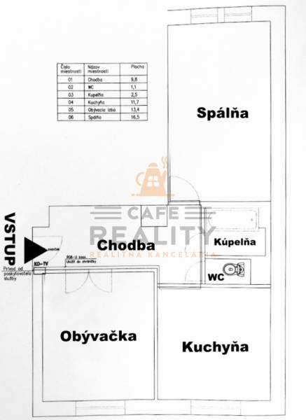 Na prenájom 2 izbový byt, 56 m2, Bratislava, Staré Mesto, Björnsonova - Pôdorys 2-izbového bytu: chodba, spálňa, obývačka, kuchyňa, kúpeľňa a WC.
