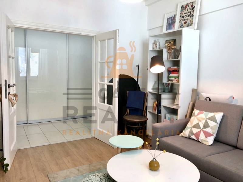 Na prenájom 2 izbový byt, 56 m2, Bratislava, Staré Mesto, Björnsonova - Obývacia izba s podlahou s dreveným dekorom, pohovkou a knižnicou v 2-izbovom byte.