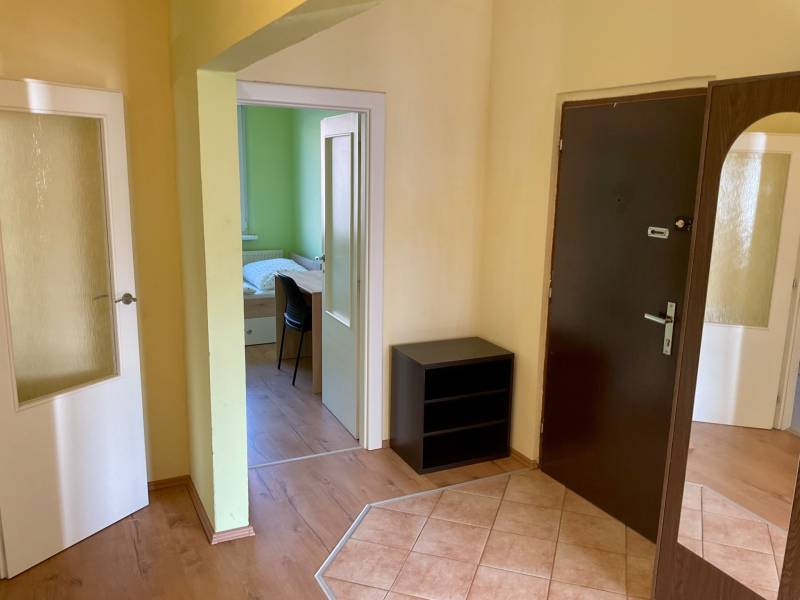 I prenájom štýlových izieb v 3-izbovom byte – Karlova Ves - Predsieň s tmavými dverami, podlaha s dreveným dekorom, výhľad do izby.