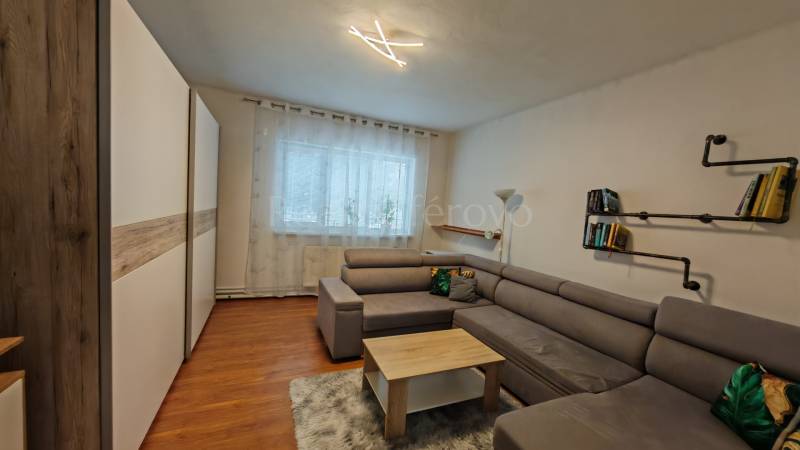 Na predaj rodinný dom v Trnovci nad Váhom - Obývacia izba v rodinnom dome s pohovkou, knižnicou a podlahou s dreveným dekorom.