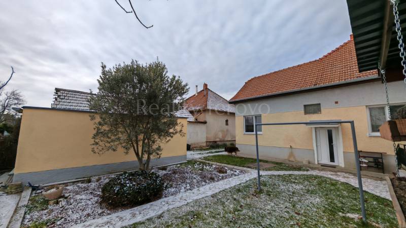 Na predaj rodinný dom v Trnovci nad Váhom - Zasnežená záhrada s rodinným domom v Trnovci nad Váhom, obklopená stromami a trávnikom.