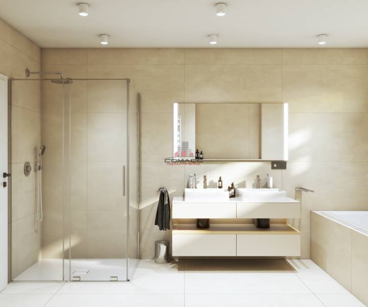 4 iz Novostavba ( 510 m2 ), tepel.čerpadlo RD Madunice - Kúpeľňa v rodinnom dome na ulici Špačince so sprchou, dvojitým umývadlom a vaňou.