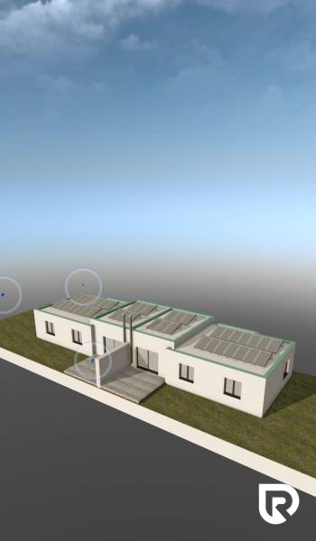 Moderná novostavba 4-izbového domu – Sokolovce  - Vizualizácia rodinného domu v Sokolovciach s bielou fasádou a solárnymi panelmi na streche.