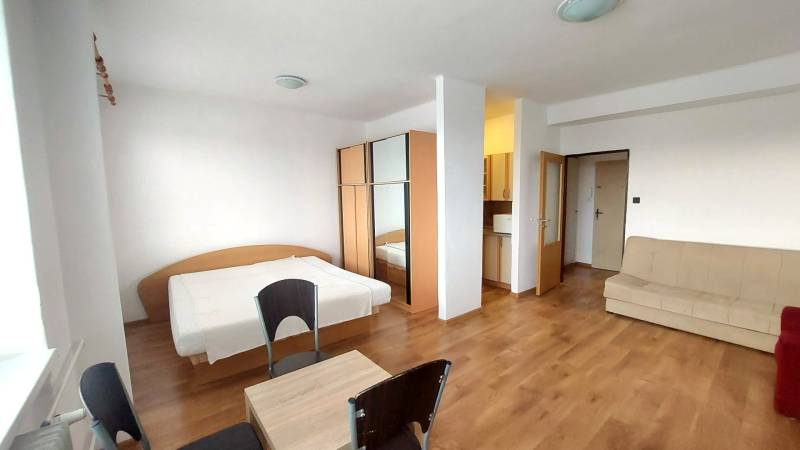 Slnečný 1 izb. byt Piešťany, praktická poloha, kúpou voľný - 1-izbový byt s podlahou s dreveným dekorom, posteľou, gaučom a skriňou.