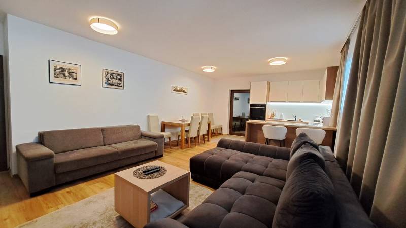 Lukratívny a priestranný 2-izbový apartmán v Mlynici na prenájom - Obývacia izba 2-izbového bytu s pohovkami, jedálenským stolom a kuchyňou, podlaha s dreveným dekorom.