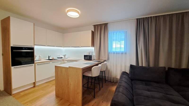 Lukratívny a priestranný 2-izbový apartmán v Mlynici na prenájom - Kuchyňa v 2-izbovom byte s barovým pultom a podlahou s dreveným dekorom.