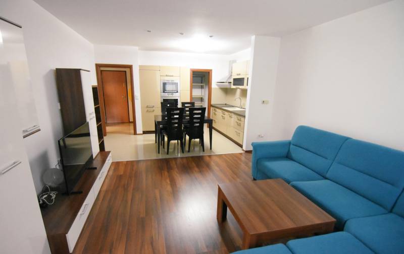 2 izbový byt na prenájom Dolný Šianec, Trenčín - Obývačka 2-izbového bytu s podlahou s dreveným dekorom a modrou sedačkou.