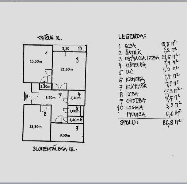 I PREDAJ Priestranný 3-izb. byt v centre Krížna/Blumentálska - Pôdorys 3-izbového bytu s rozlohou 86,8 m² a loggiou pri Krížnej ulici.