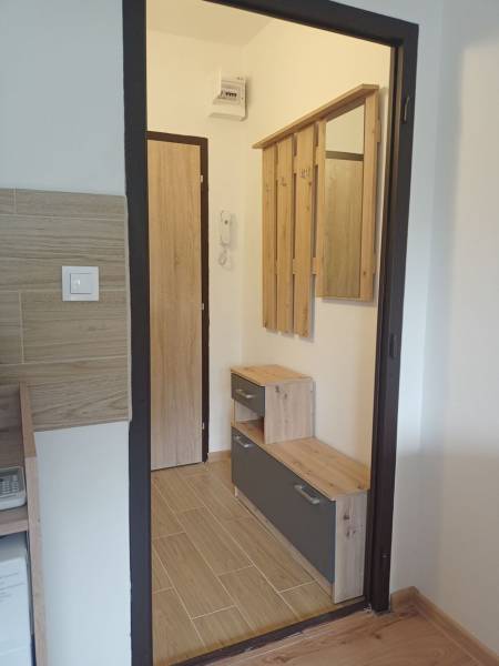 Prenájom veľmi peknej garzónky na Nábrežnej ulici - Predsieň v garsónke s podlahou s dreveným dekorom a vešiakovou stenou.