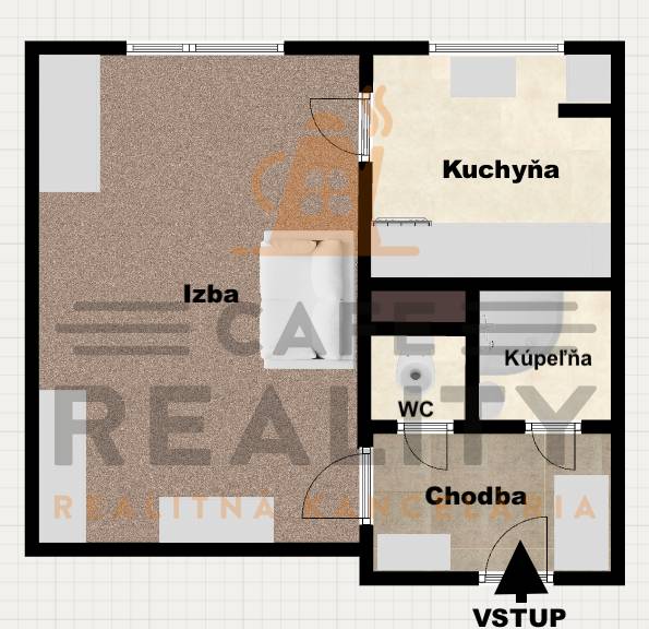 REZERVOVANÉ Na predaj 1 izbový byt, Bratislava, Dúbravka, Drobného - Pôdorys 1-izbového bytu s dispozíciou izby, kuchyne, kúpeľne, WC a chodby.