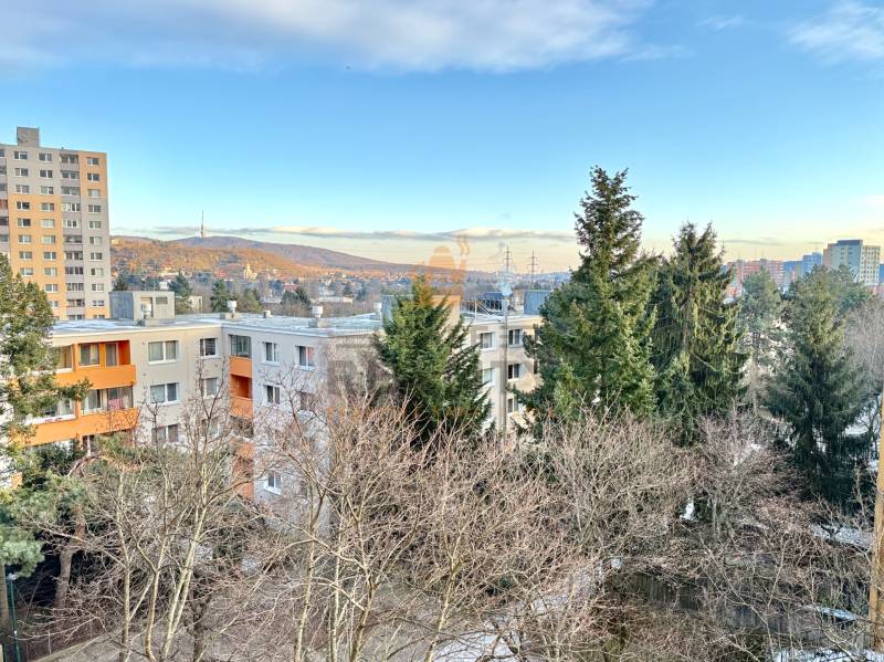 REZERVOVANÉ Na predaj 1 izbový byt, Bratislava, Dúbravka, Drobného - Zobrazená je panoráma bytoviek a stromov na Drobného ulici v Bratislave - Dúbravke.