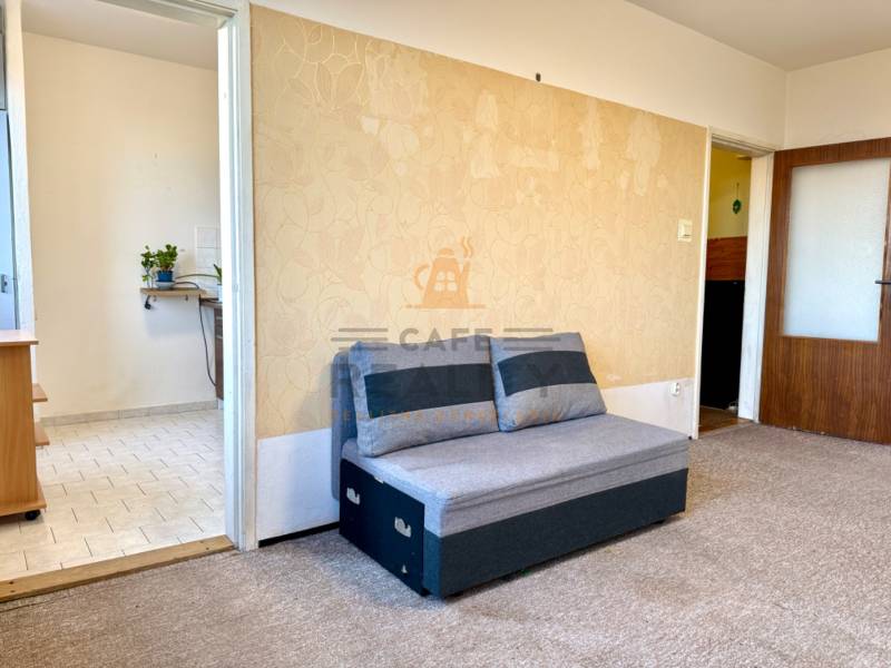 REZERVOVANÉ Na predaj 1 izbový byt, Bratislava, Dúbravka, Drobného - Sivá pohovka a koberec v izbe 1-izbového bytu, svetlé steny s dekorom, vstup do kuchyne.