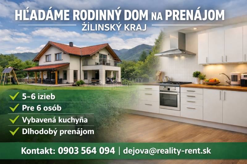 Hľadáme 5-6 izbový RD na prenájom v Žilinskom kraji - Rodinný dom v Žilinskom kraji na prenájom, moderná kuchyňa, podlaha s dreveným dekorom.