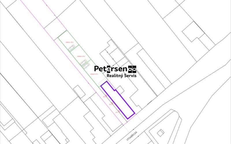 PREDPREDAJ – 2-izbový tehlový mezonet s pozemkom | Topoľčianky - Mapa parcely na Litoměřickej ulici v Topoľčiankach, označenie pozemku.
