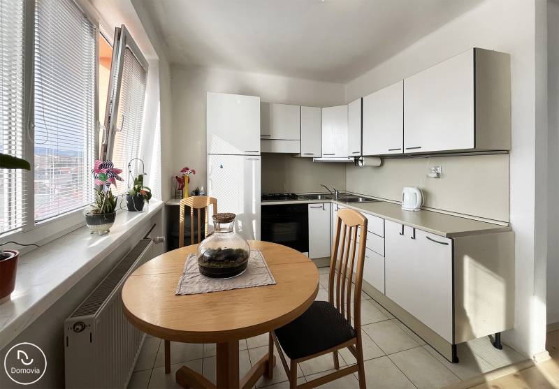 Exkluzívne | Na prenájom priestranný 1i byt Ružinove - Kuchyňa v 1-izbovom byte s oknami, stolom a rastlinami na parapete.