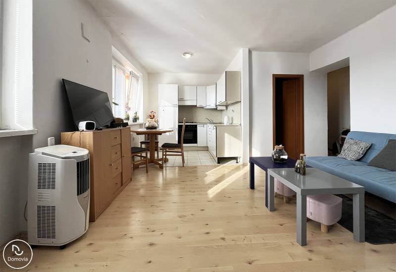 Exkluzívne | Na prenájom priestranný 1i byt Ružinove - Obývacia časť 1-izbového bytu s kuchynským kútom a podlahou s dreveným dekorom.