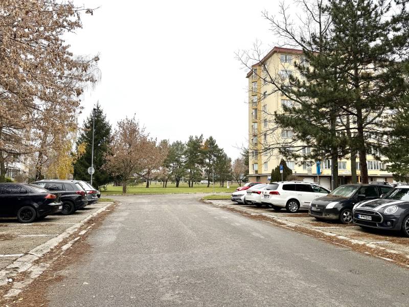 Na prenájom zdieľaný priestor, Kaderníctvo, Ružinov, Spustníkova ulica - Parkovisko na ulici Sputniková v Bratislave - Ružinov obklopené zeleňou a autami.