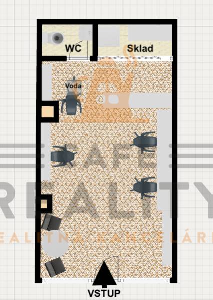 Na prenájom zdieľaný priestor, Kaderníctvo, Ružinov, Spustníkova ulica - Pôdorys obchodných priestorov so skladom a WC, podlaha s dekorom.