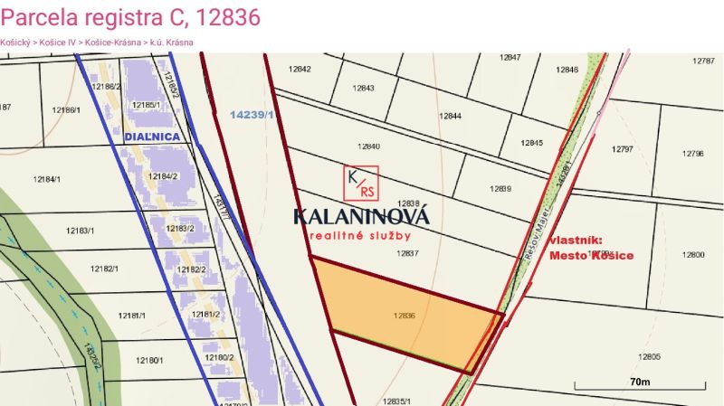 PREDAJ: investičný POZEMOK pri dialnici, parc. 12836, KOŠICE - KRÁSNA