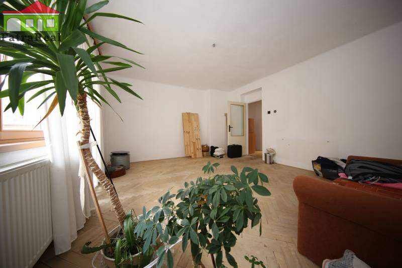 3-izb. byt v rekonštrukcii, Ľubochňa okres Ružomberok - Svetlá miestnosť v 3-izbovom byte s podlahou s dreveným dekorom a izbovými rastlinami.