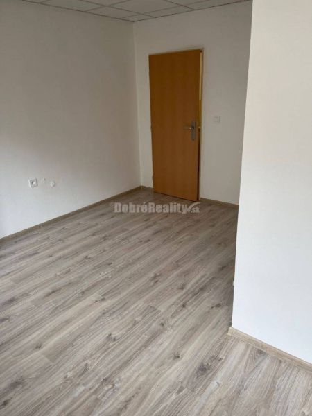 Na prenajom najlacnejšie komerčne priestory v Prievidzi. - Obchodné priestory s podlahou s dreveným dekorom a bielymi stenami a dverami.
