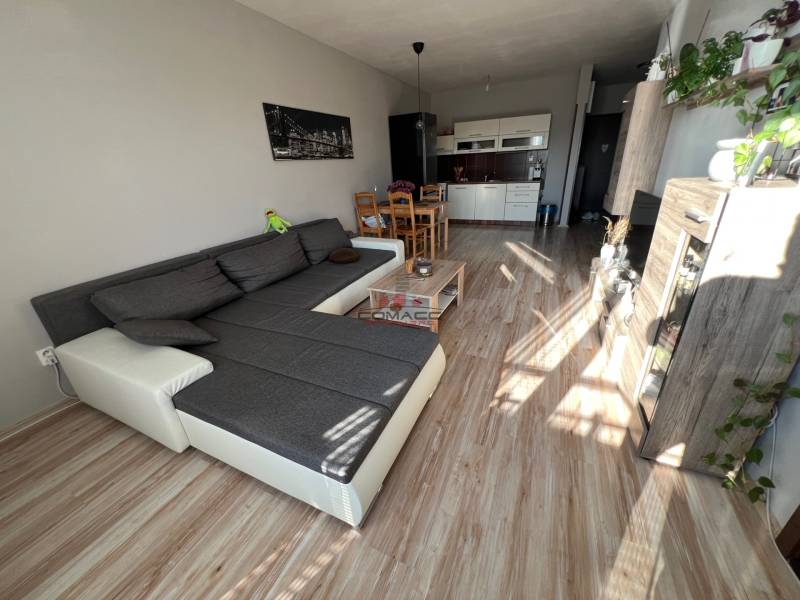 2iz byt v novostavbe Hlohovec Zľava!!! - Obývacia izba s kuchynským kútom, podlaha s dreveným dekorom, 2-izbový byt, svetlá pohovka.