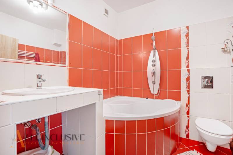 NA PREDAJ 5-IZBOVÝ POSCH. RODINNÝ DOM, DUNAJSKÁ STREDA - Kúpeľňa v rodinnom dome so sprchovým kútom a červenými obkladačkami.