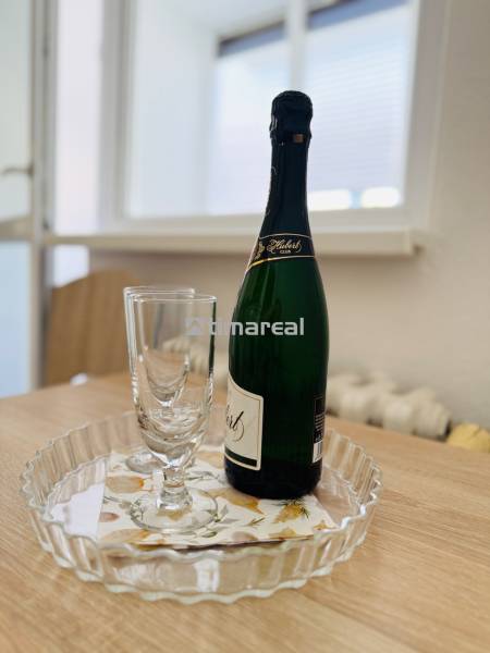 EXKLUZÍVNE - Pekný 1i byt po rekonštrukcii 38m2, loggia, Na hlinách - Fľaša sektu a poháre na podnose v kuchyni 1-izbového bytu.