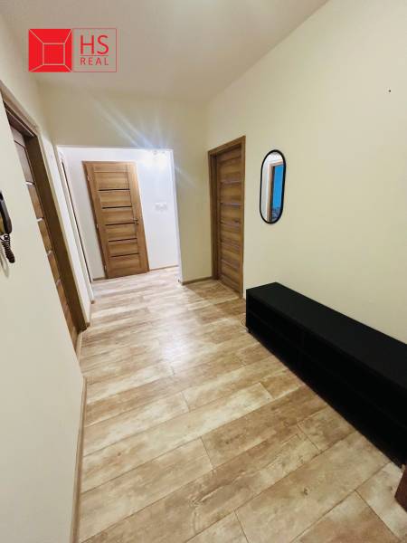 Prenajom 3 izb. bytu na Vajanskeho v NZ - Chodba s podlahou s dreveným dekorom v 3-izbovom byte, zrkadlo a skriňa.