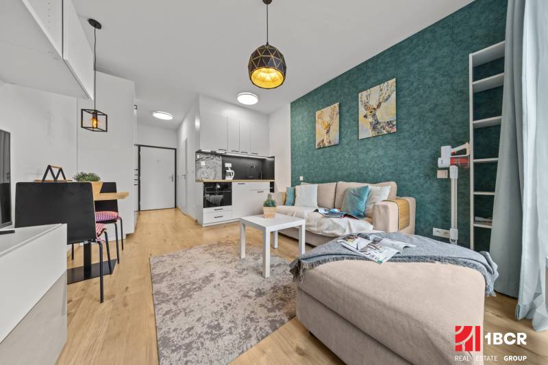 ZARIADENÝ 1-IZBOVÝ BYT, SLNEČNICE – IDEÁLNA INVESTÍCIA AJ BÝVANIE - Obývačka s podlahou s dreveným dekorom, pohovkou, kuchyňou a jedálenským kútom v 1-izbovom byte.