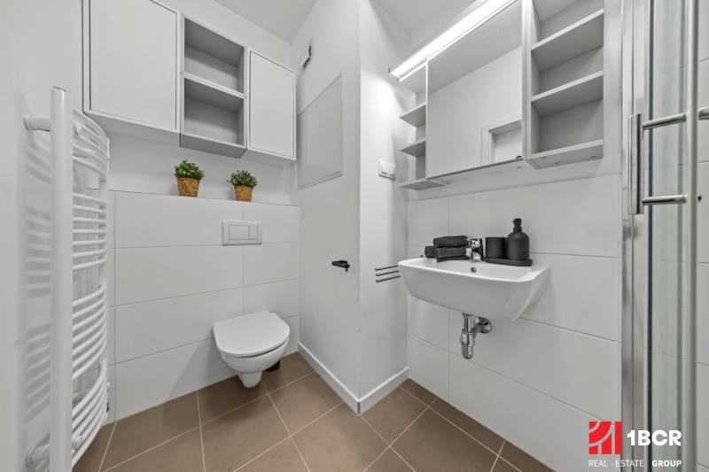 ZARIADENÝ 1-IZBOVÝ BYT, SLNEČNICE – IDEÁLNA INVESTÍCIA AJ BÝVANIE - Kúpeľňa so sprchou, zrkadlom, umývadlom a úložným priestorom v 1-izbovom byte.