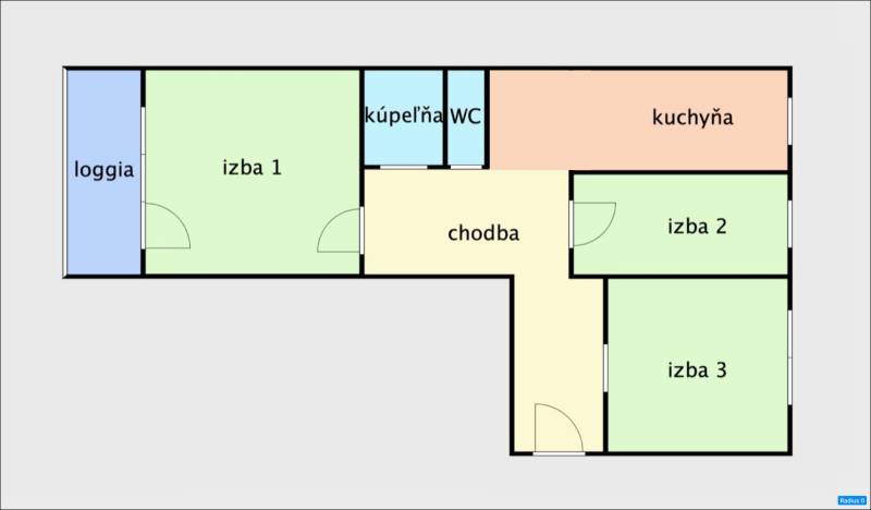 Útulný byt s loggiou a klimatizáciou, Rovniankova.Províziu neplatíte - Pôdorys 3-izbového bytu: izba, kuchyňa, kúpeľňa, WC, chodba, loggia.