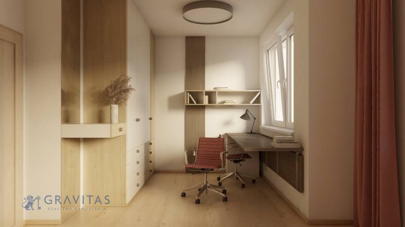 REZERVOVANÉ! Na predaj 2 izb. byt blízko centra, Chorvátsky Grob - Pracovný kút v 2-izbovom byte s podlahou s dreveným dekorom, písací stôl, stolička.