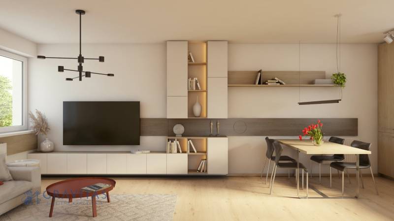 REZERVOVANÉ! Na predaj 2 izb. byt blízko centra, Chorvátsky Grob - Obývacia izba v 2-izbovom byte s podlahou s dreveným dekorom, veľkou TV a jedálenským stolom.