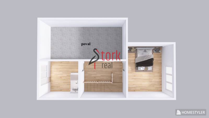 Nová ponuka - Rodinný dom v CENTRE MESTA Rajecké Teplice - Interiér rodinného domu s podlahou s dreveným dekorom, posteľou a vstupom na povalu.