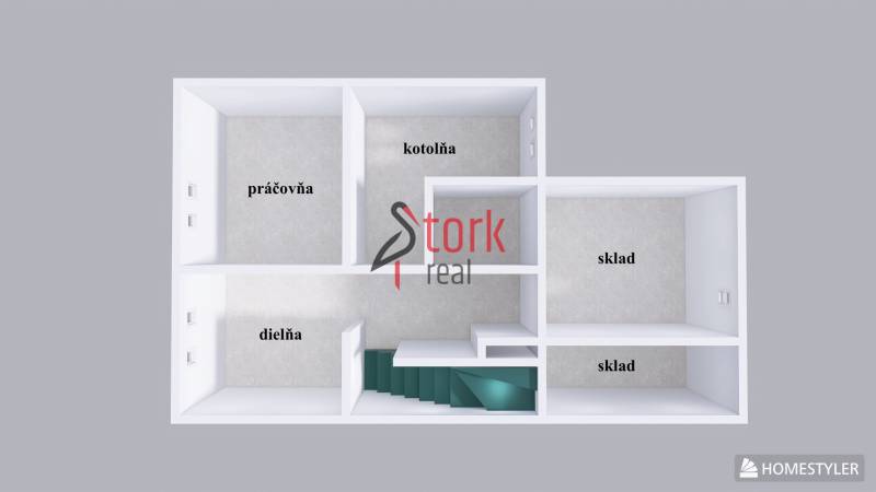 Nová ponuka - Rodinný dom v CENTRE MESTA Rajecké Teplice - Pôdorys rodinného domu s miestnosťami: práčovňa, kotolňa, dielňa, sklady, schodisko.