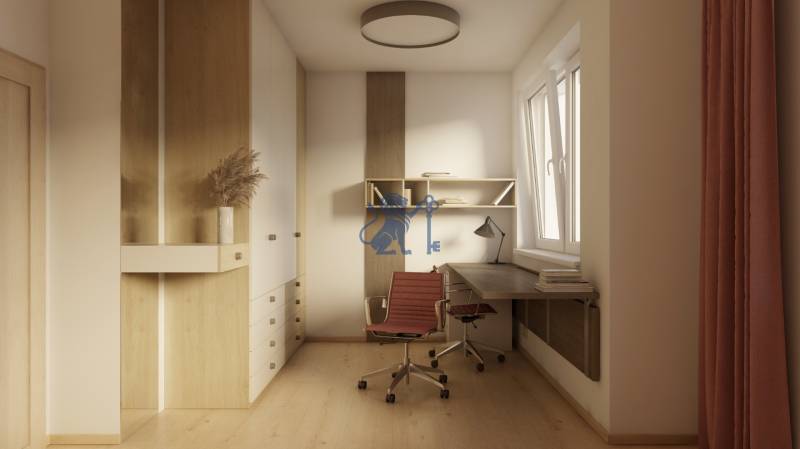 Na predaj 2 izb. byt s balkónom blízko centra, Chorvátsky Grob - Pracovný kút v 2-izbovom byte s podlahou s dreveným dekorom, písací stôl, stolička.