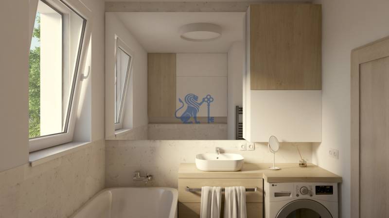 Na predaj 2 izb. byt s balkónom blízko centra, Chorvátsky Grob - Kúpeľňa v 2-izbovom byte s oknom, vaňou, práčkou a skrinkami s dreveným dekorom.