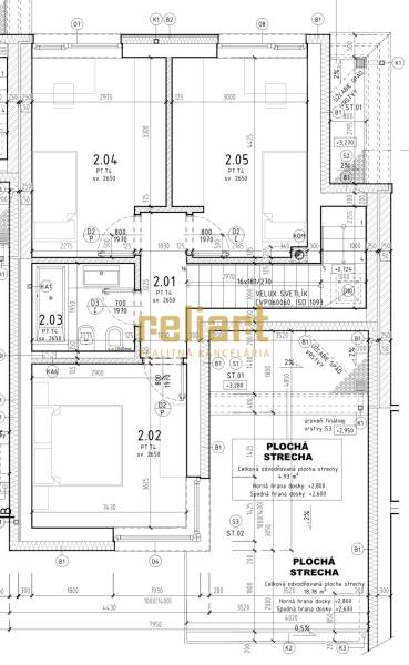 Moderný radový rodinný dom v Novej Dedinke, projekt “Lastovičky” - Pôdorys rodinného domu so značkami miestností a plochou strechy.