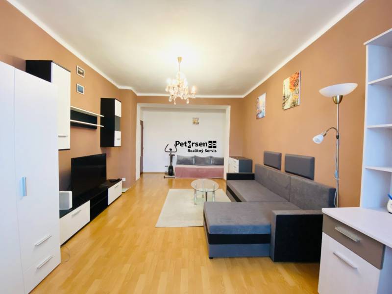 NA PRENÁJOM 2-IZBOVÝ BYT, NÁRODNÁ TRIEDA - Obývacia izba v 2-izbovom byte s podlahou s dreveným dekorom, pohovkou a televízorom.